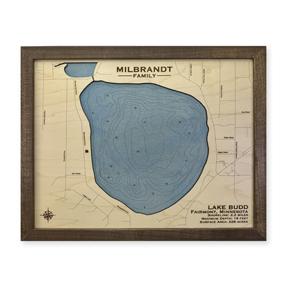 Budd Milbrandt wood map — single layer with engraved contours, white background