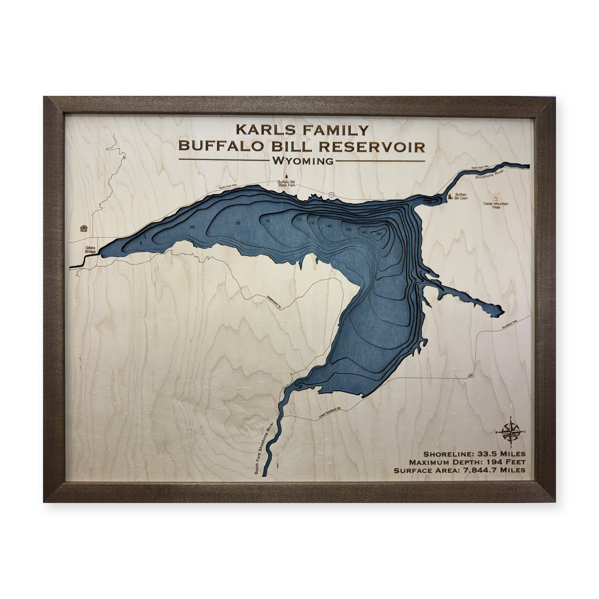 Buffalo Bill Karls wood map — multilayer, white background
