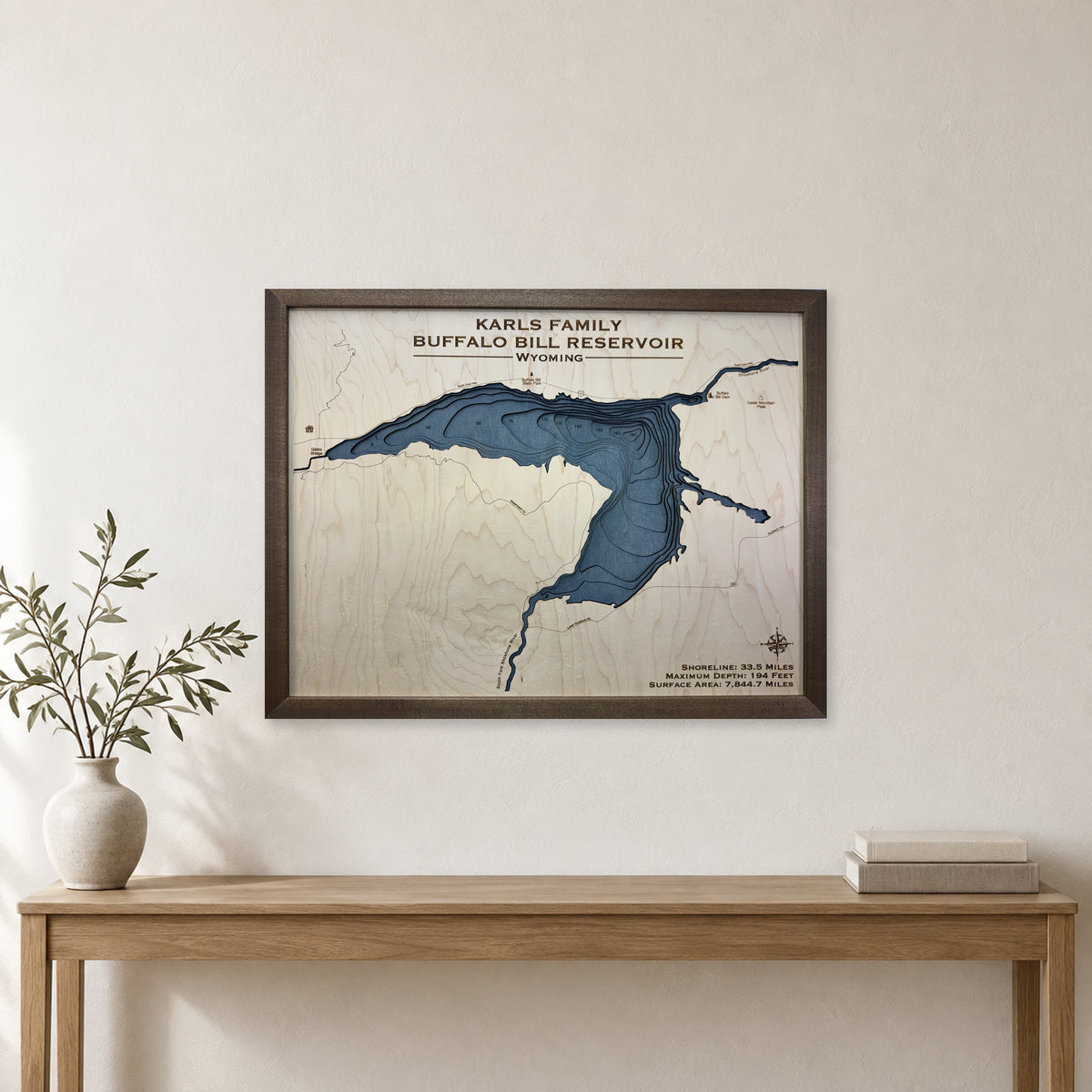 Buffalo Bill Karls wood map — multilayer, staged room mockup