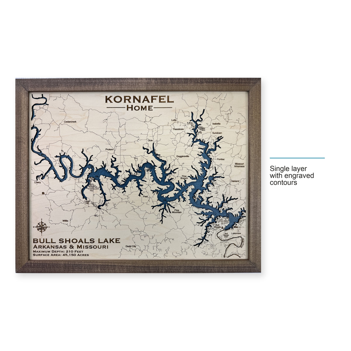 Bull Shoals Kornafel wood map — single layer with engraved contours, layer option shown