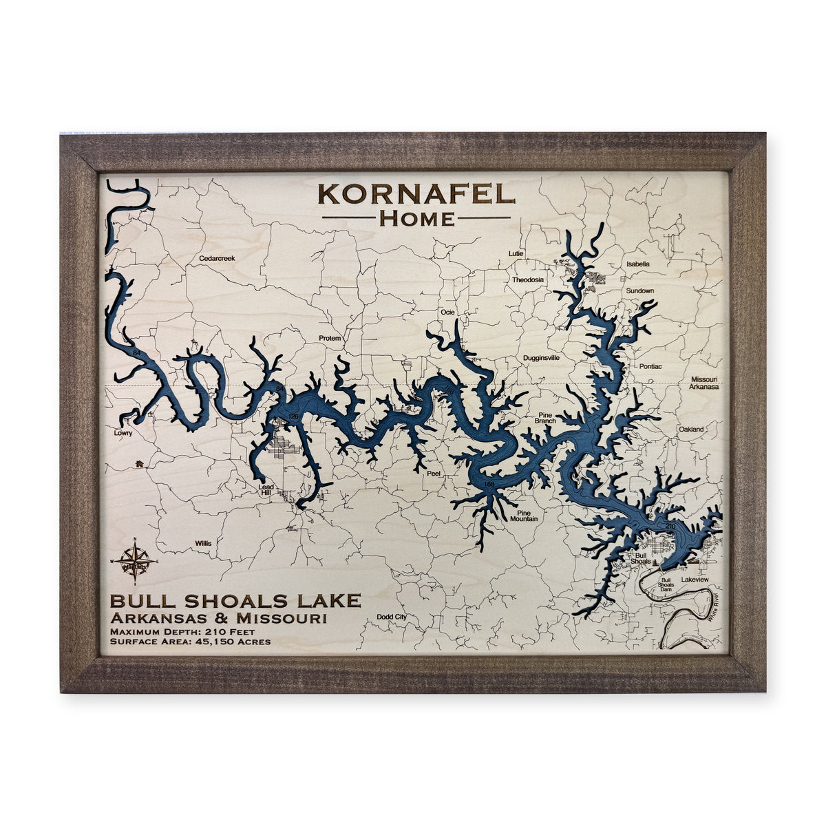 Bull Shoals Kornafel wood map — single layer with engraved contours, white background