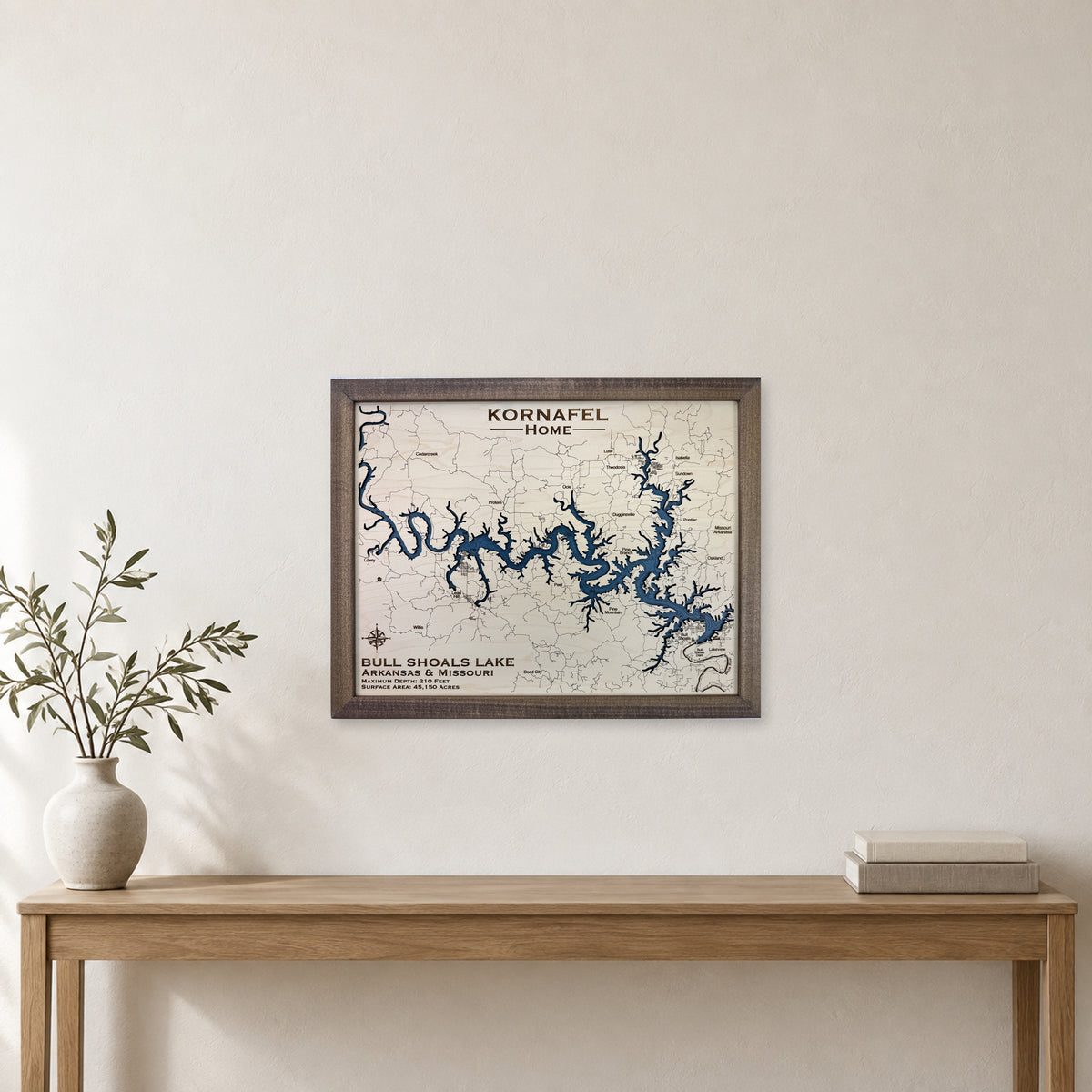Bull Shoals Kornafel wood map — single layer with engraved contours, staged room mockup