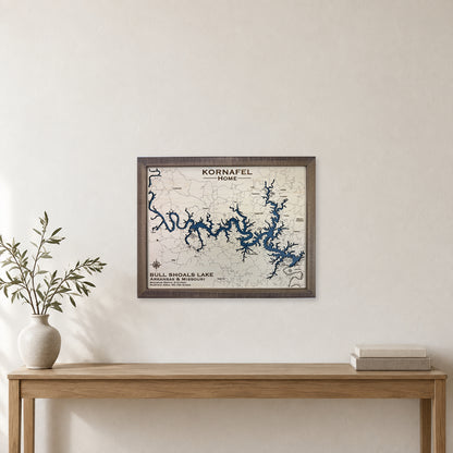 Bull Shoals Kornafel wood map — single layer with engraved contours, staged room mockup