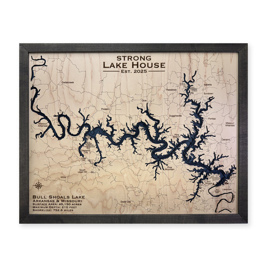 Bull Shoals Strong wood map — multilayer, white background