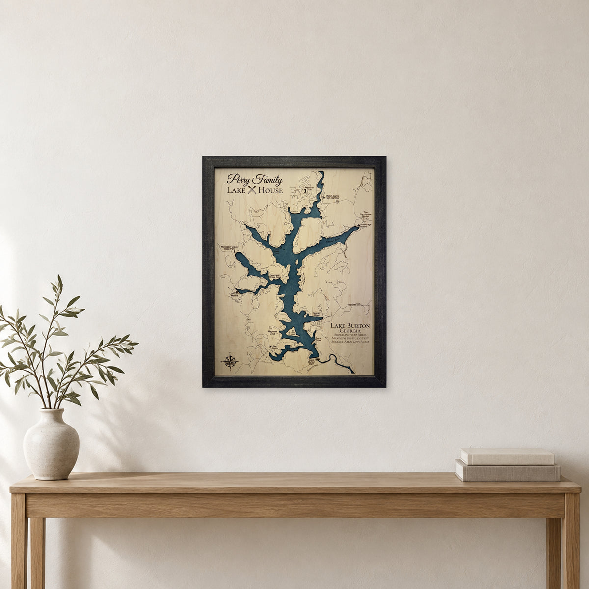 Burton Perry wood map — single layer, staged room mockup