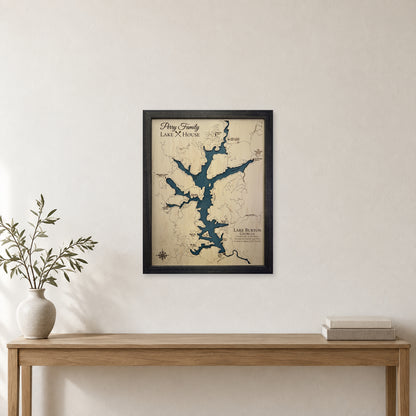 Burton Perry wood map — single layer, staged room mockup
