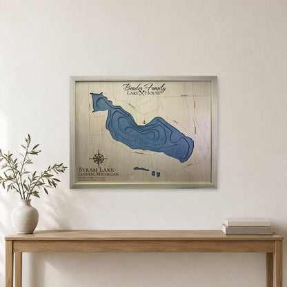 Byram Bender wood map — multilayer, staged room mockup