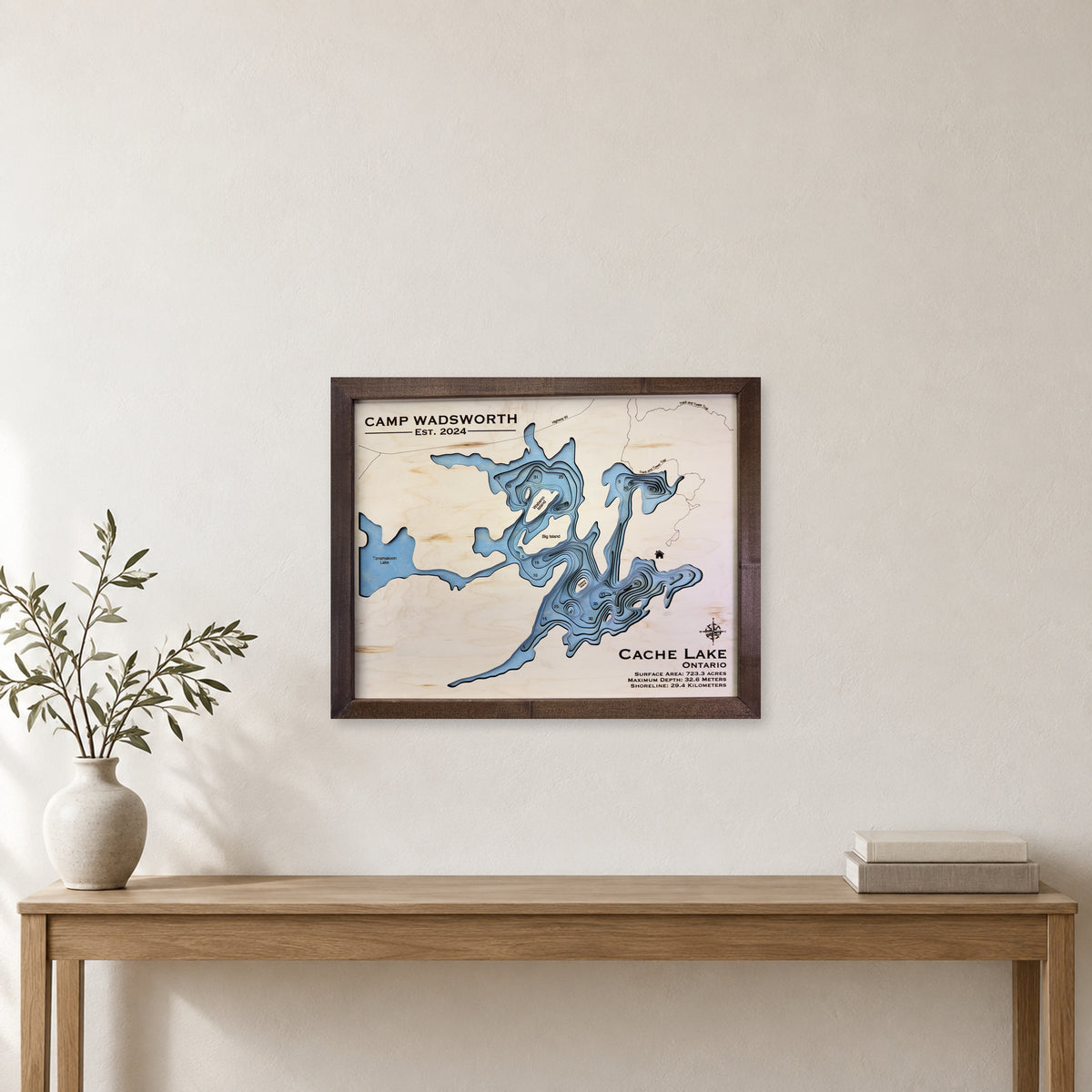 Cache Wadsworth wood map — multilayer, staged room mockup