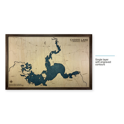 Caddo Garner wood map — single layer with engraved contours, layer option shown
