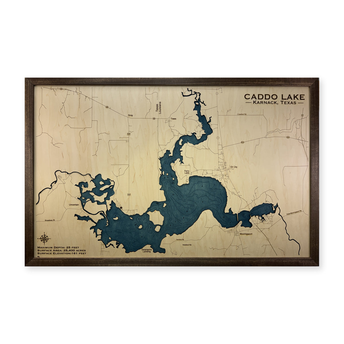 Caddo Garner wood map — single layer with engraved contours, white background
