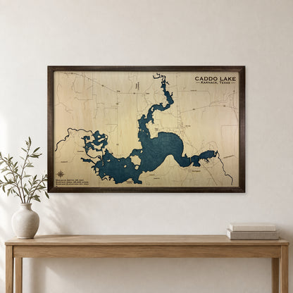 Caddo Garner wood map — single layer with engraved contours, staged room mockup
