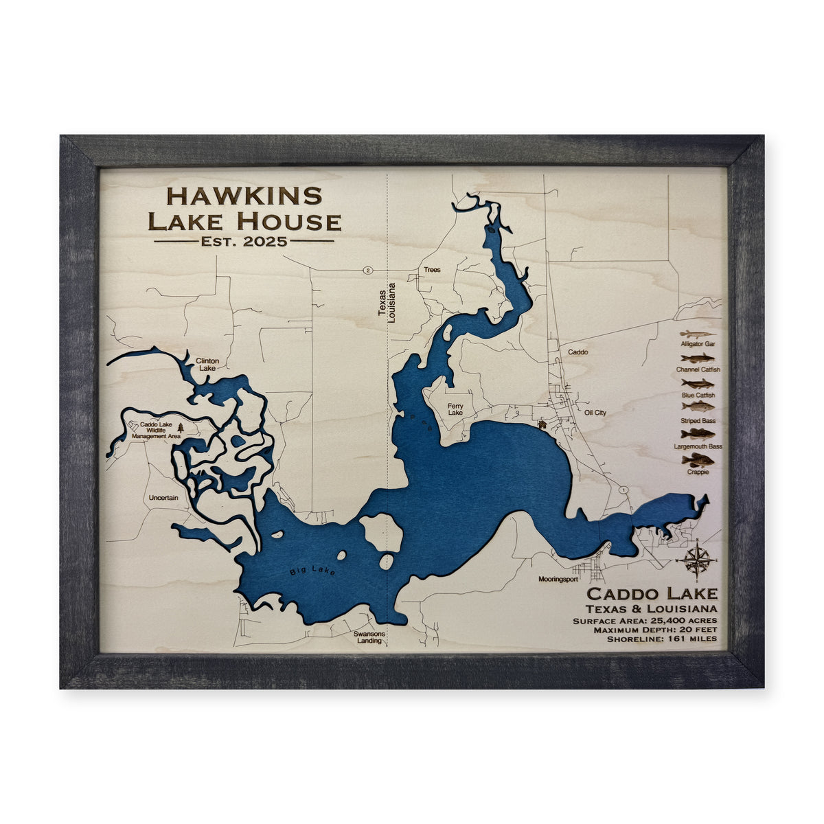 Caddo Hawkins wood map — single layer, white background