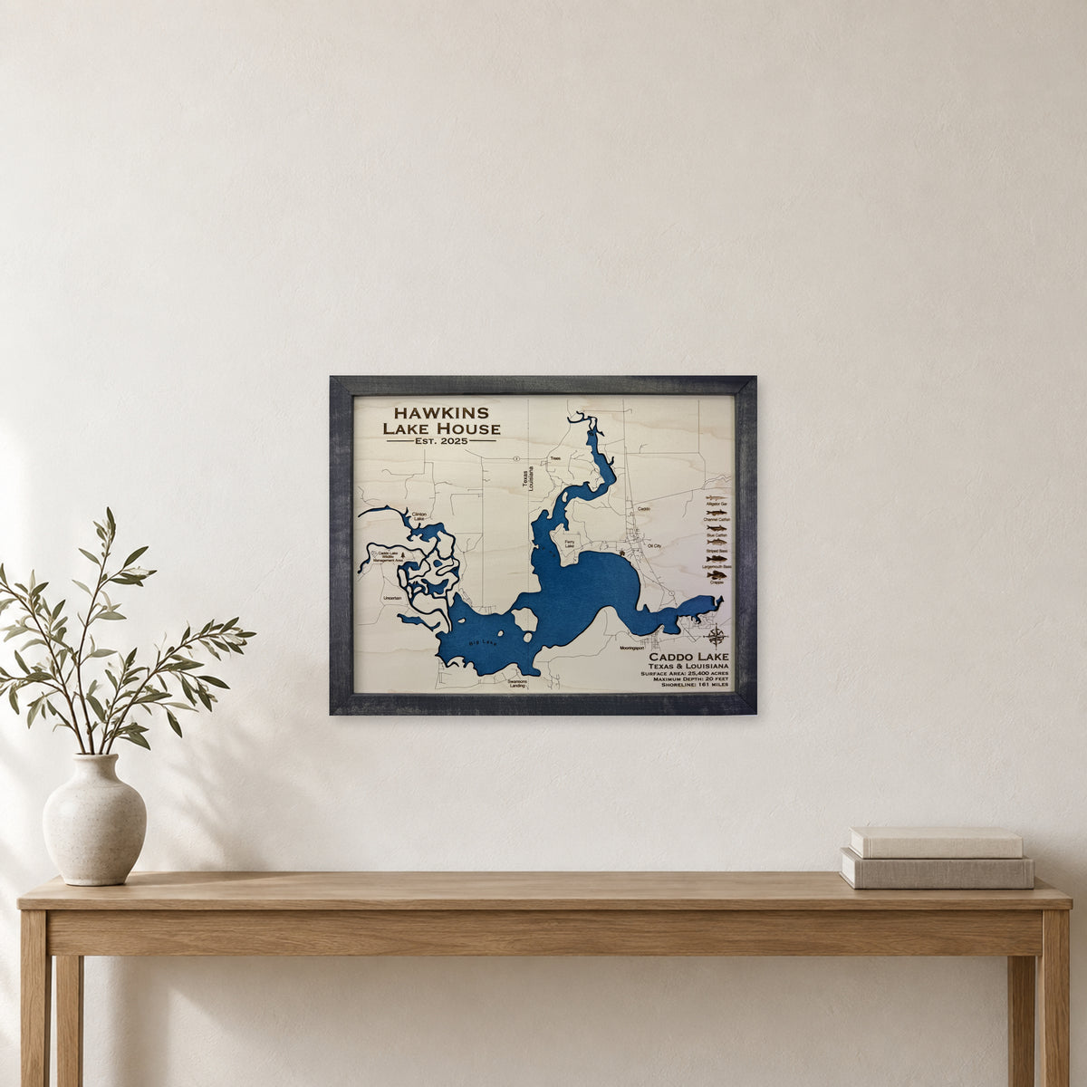 Caddo Hawkins wood map — single layer, staged room mockup