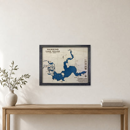 Caddo Hawkins wood map — single layer, staged room mockup