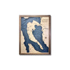 Custom 3D wooden map of Camano Island with a walnut brown frame. 