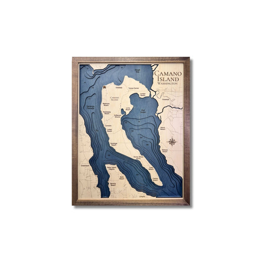 Custom 3D wooden map of Camano Island with a walnut brown frame. 