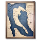 Wooden multi water layer map of Camano Island with dark blue water stain and a walnut brown frame. 