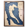 Wooden multi water layer map of Camano Island with dark blue water stain and a walnut brown frame. 