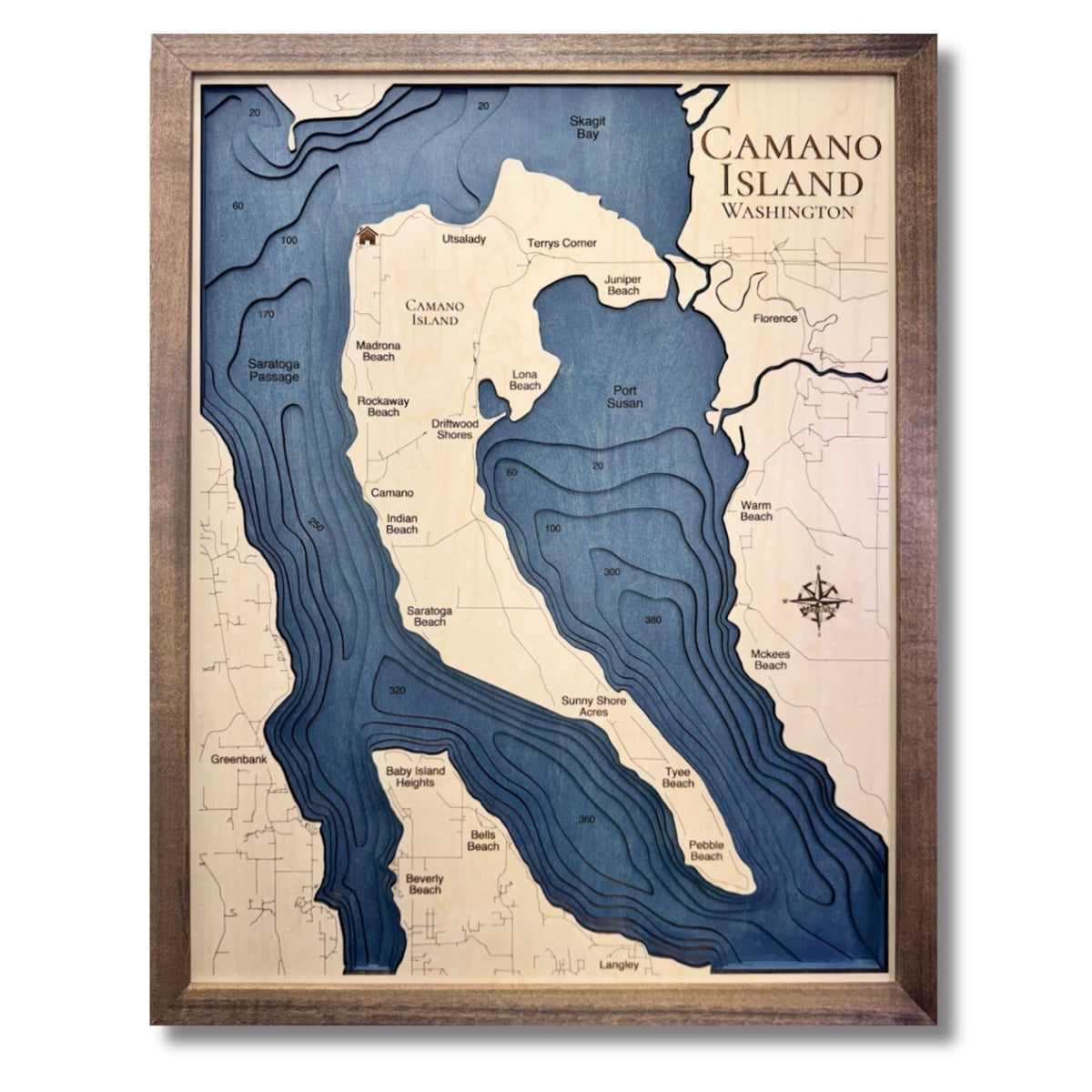 Wooden multi water layer map of Camano Island with dark blue water stain and a walnut brown frame. 