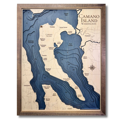 Wooden multi water layer map of Camano Island with dark blue water stain and a walnut brown frame. 