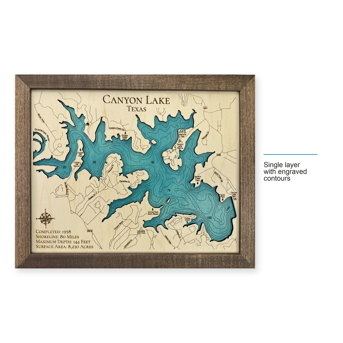 Canyon Pearce wood map — single layer with engraved contours, layer option shown