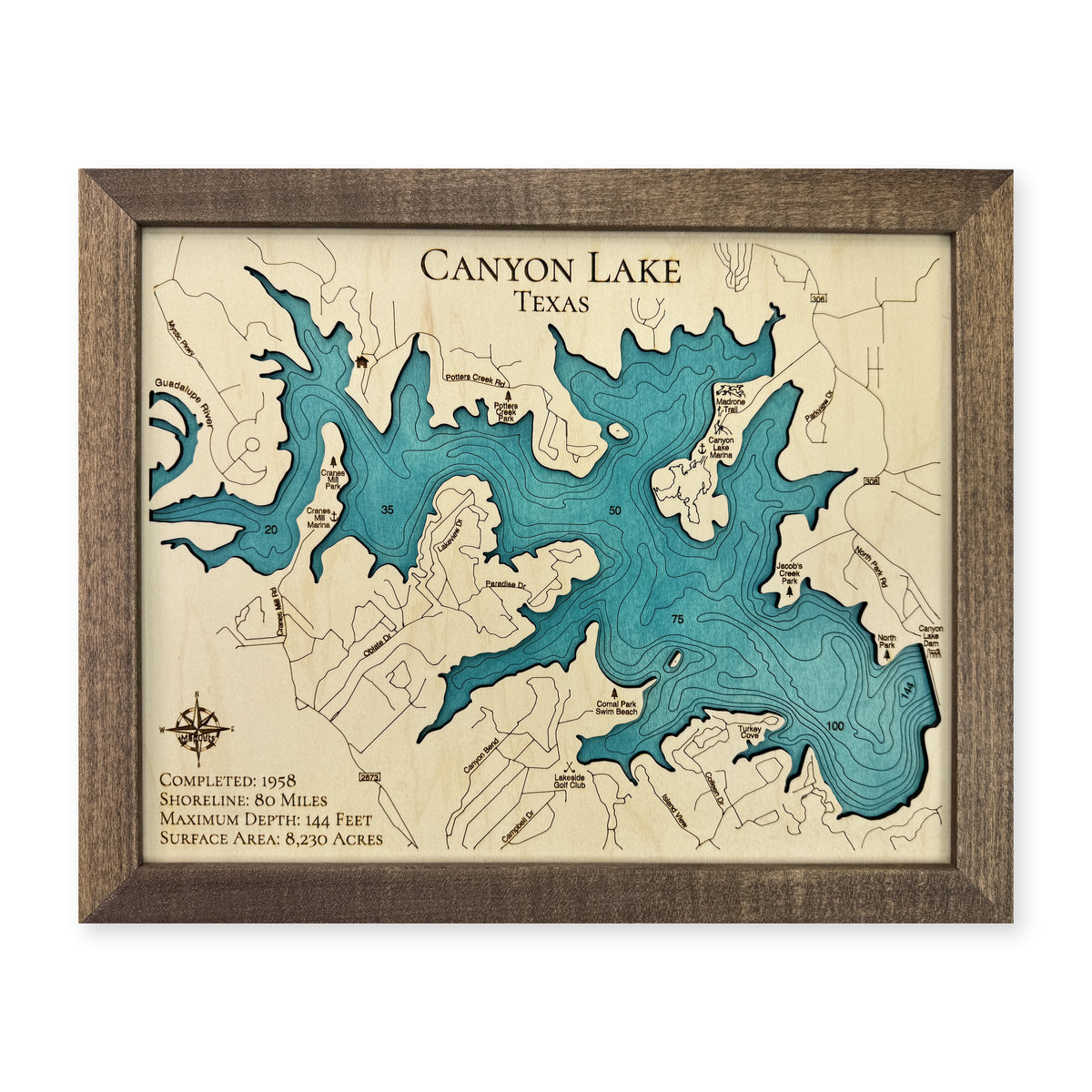 Canyon Pearce wood map — single layer with engraved contours, white background