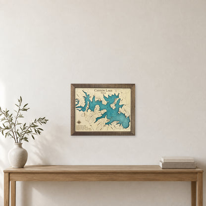 Canyon Pearce wood map — single layer with engraved contours, staged room mockup