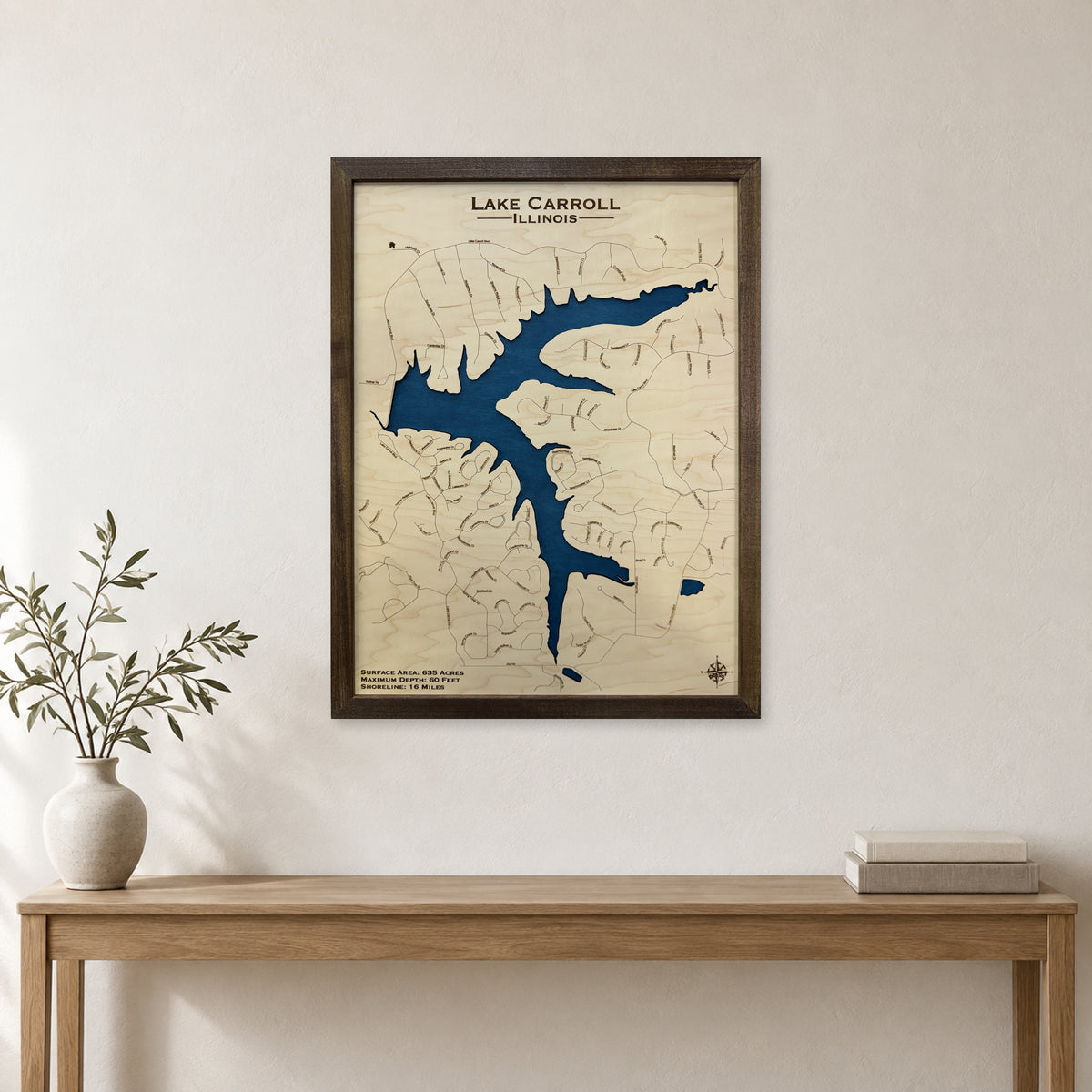 Carroll Walnut Single wood map — single layer, staged room mockup