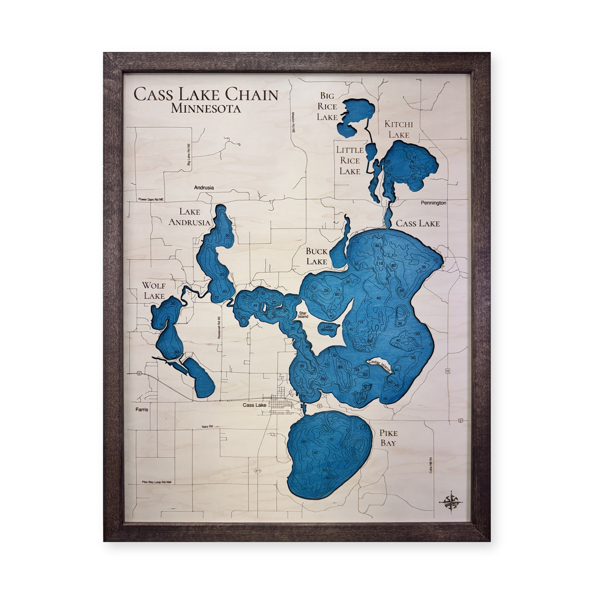 Cass Chain Walnut wood map — single layer with engraved contours, white background