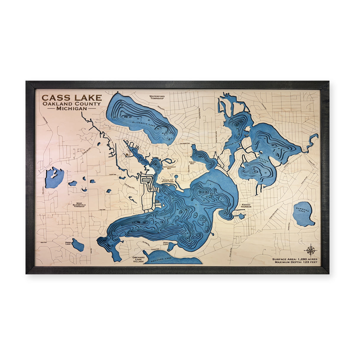 Cass Lake Multilayer wood map — multilayer, white background