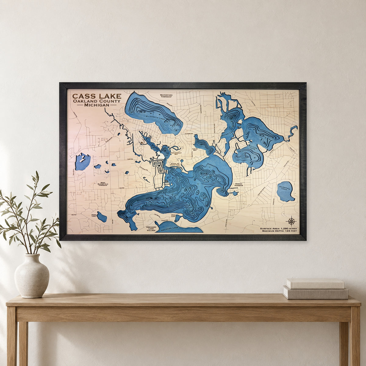 Cass Lake Multilayer wood map — multilayer, staged room mockup
