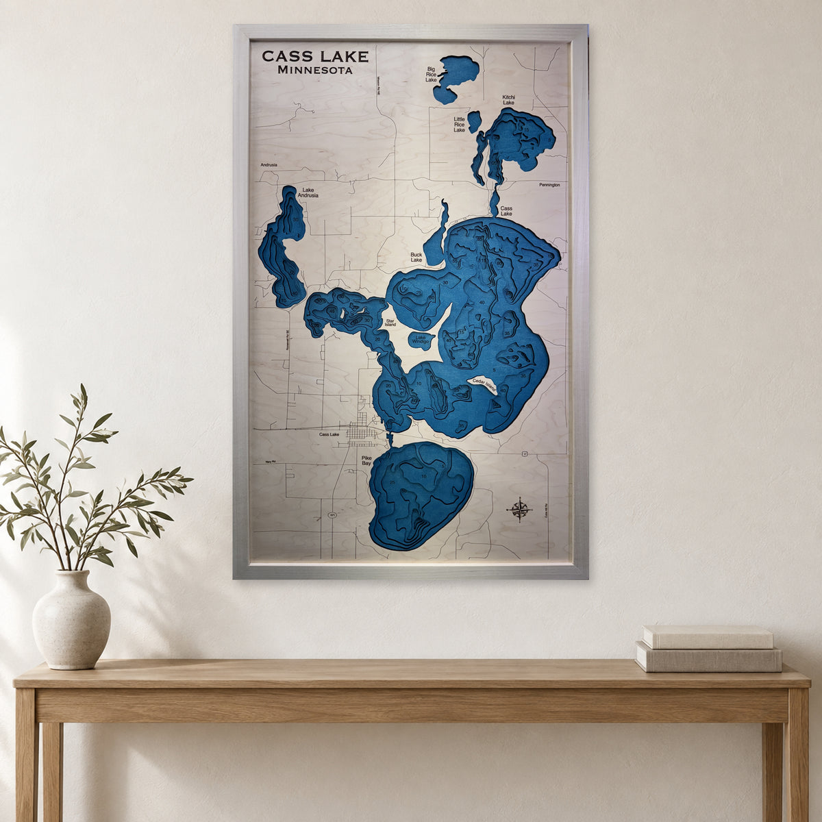 Cass Minnesota wood map — multilayer, staged room mockup