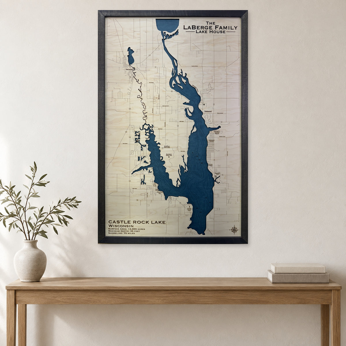 Castle Rock Laberge wood map — single layer with engraved contours, staged room mockup