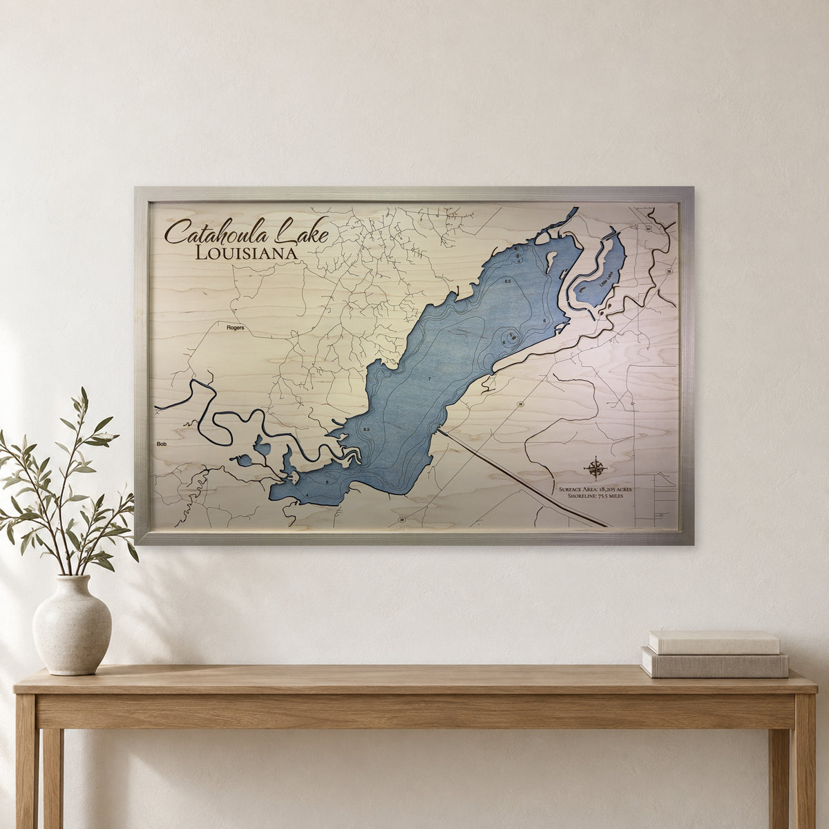 Catahoula Engraved wood map — single layer with engraved contours, staged room mockup