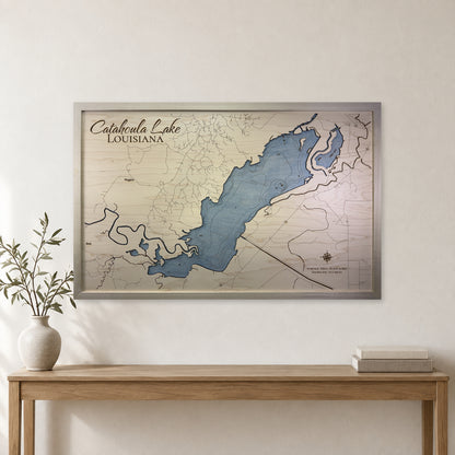Catahoula Engraved wood map — single layer with engraved contours, staged room mockup