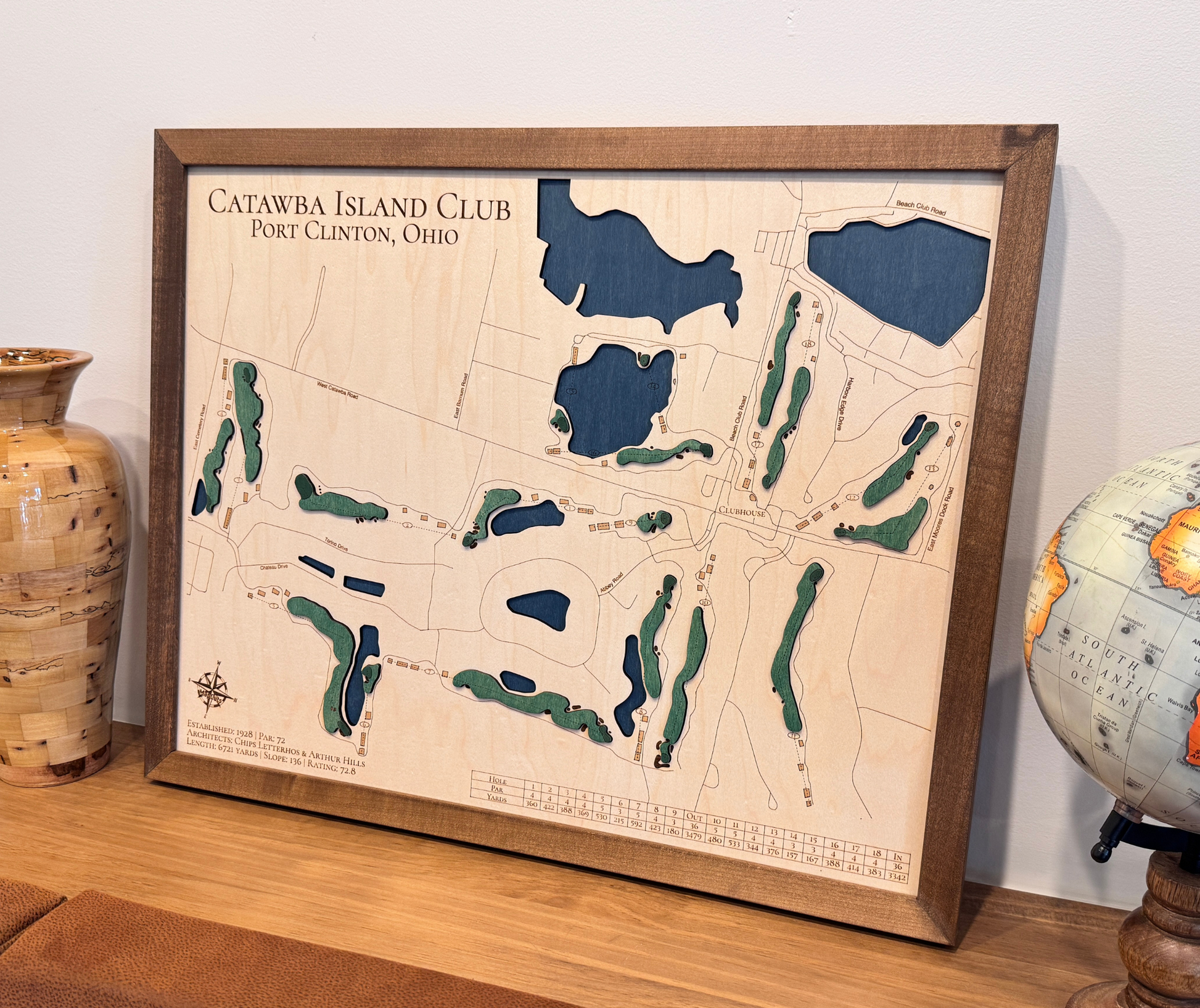 3D wooden map of Catawba Island Club Golf Course map.