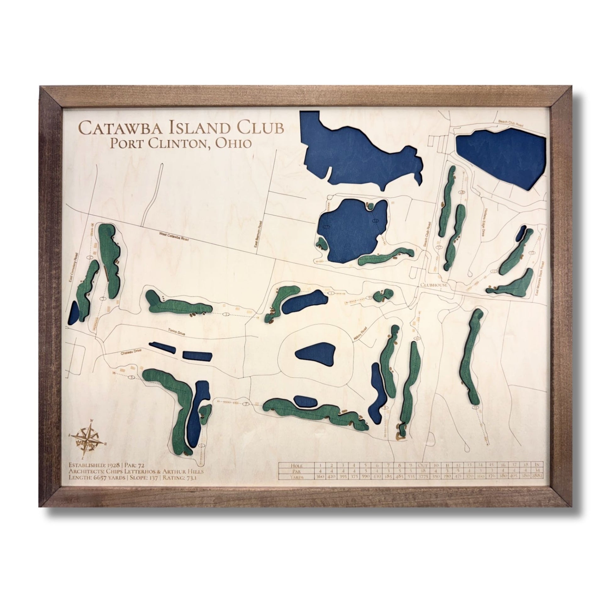 3D wooden map of Catawba Island Club in Port Clinton, Ohio with a walnut brown frame.