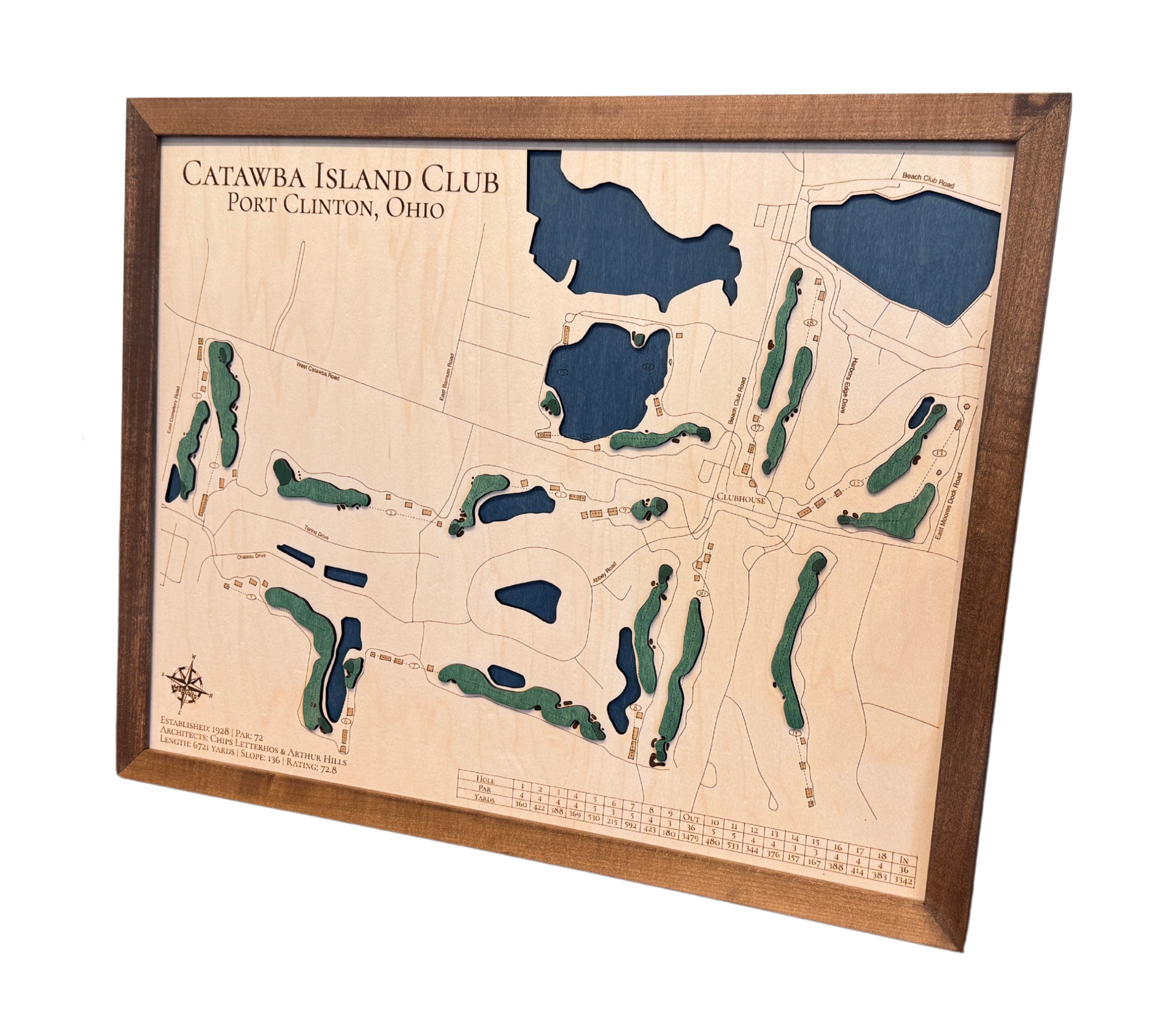 A 3D wooden map of Catawba Island Club golf course.
