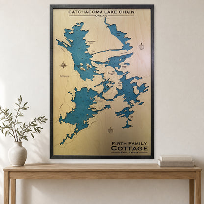 Catchacoma Firth wood map — single layer with engraved contours, staged room mockup