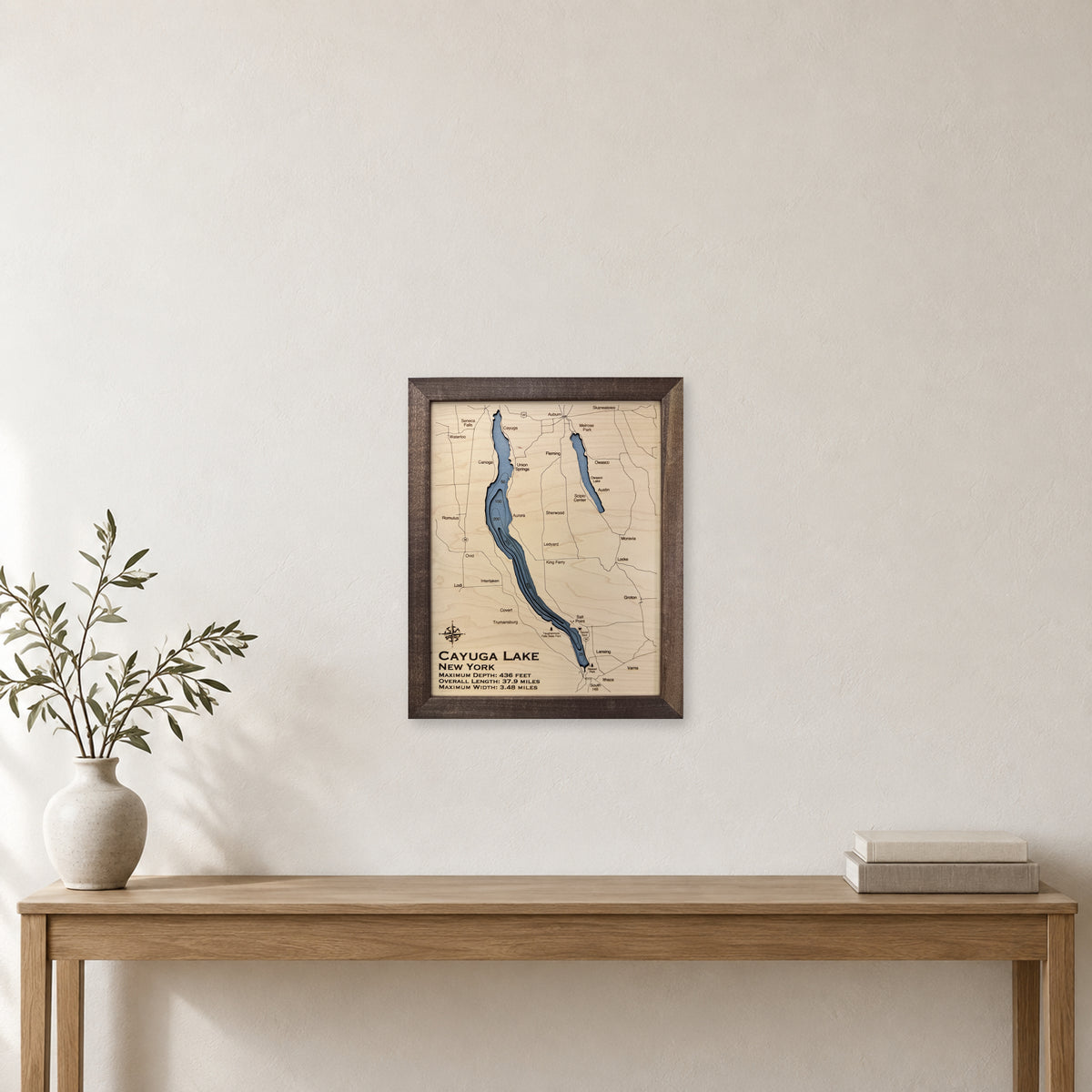 Cayuga Selman wood map — multilayer, staged room mockup
