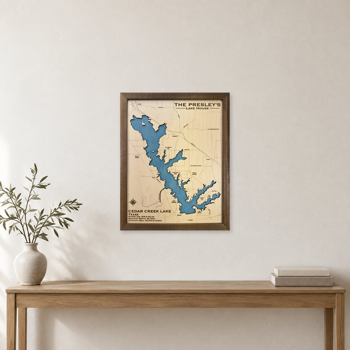 Cedar Creek Lake wood map — single layer, staged room mockup