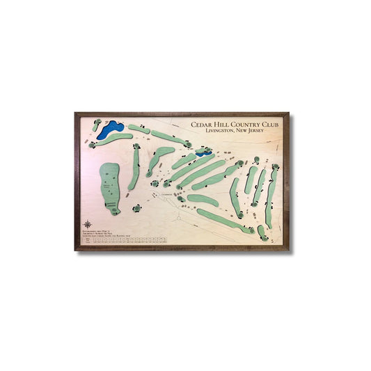 Framed wooden golf map of Cedar Hill Country Club on a white background.