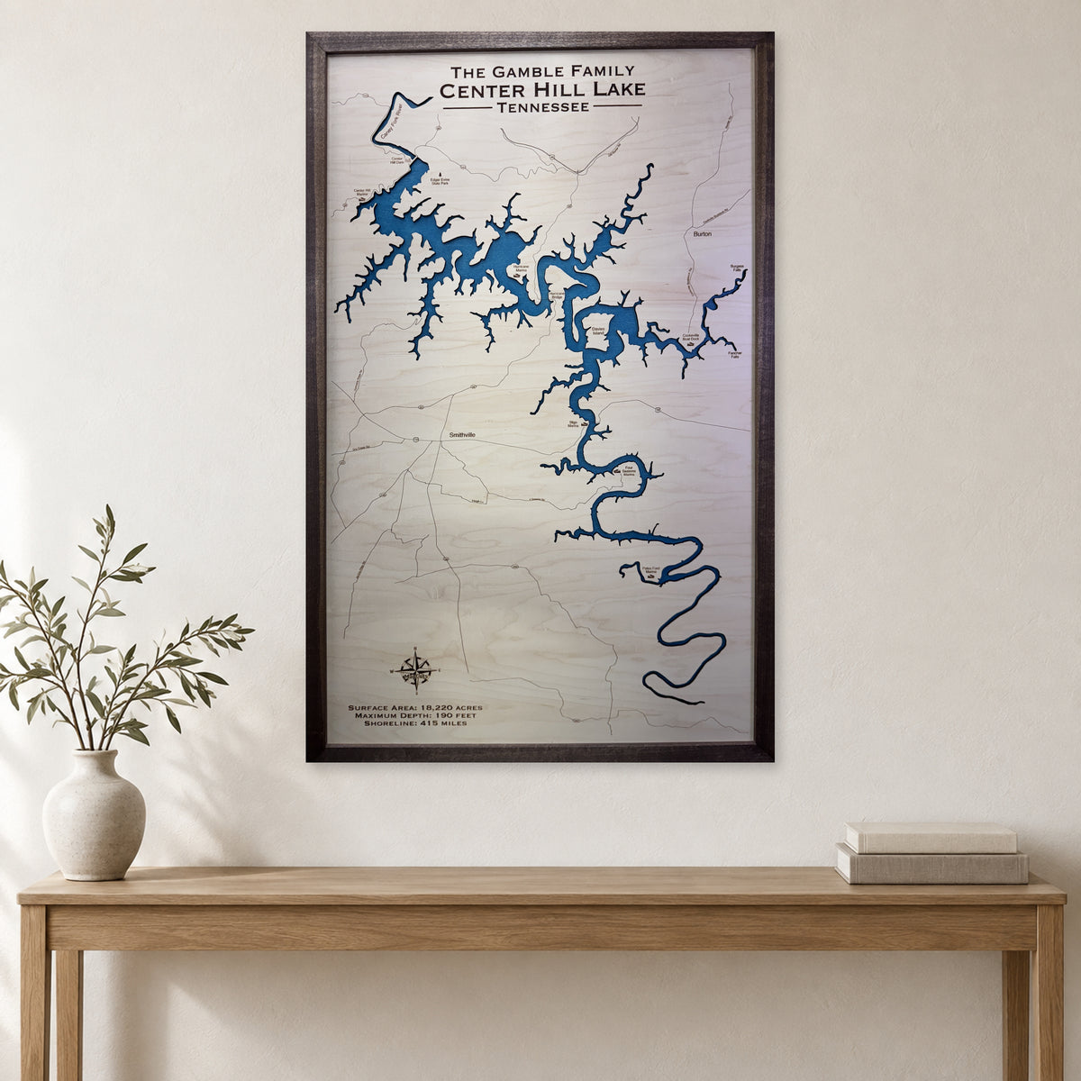 Center Hill Gamble wood map — single layer, staged room mockup