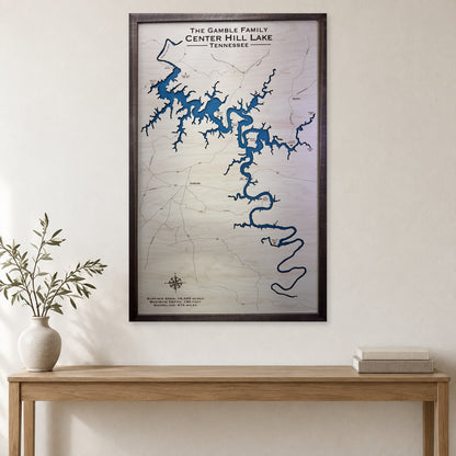 Center Hill Gamble wood map — single layer, staged room mockup