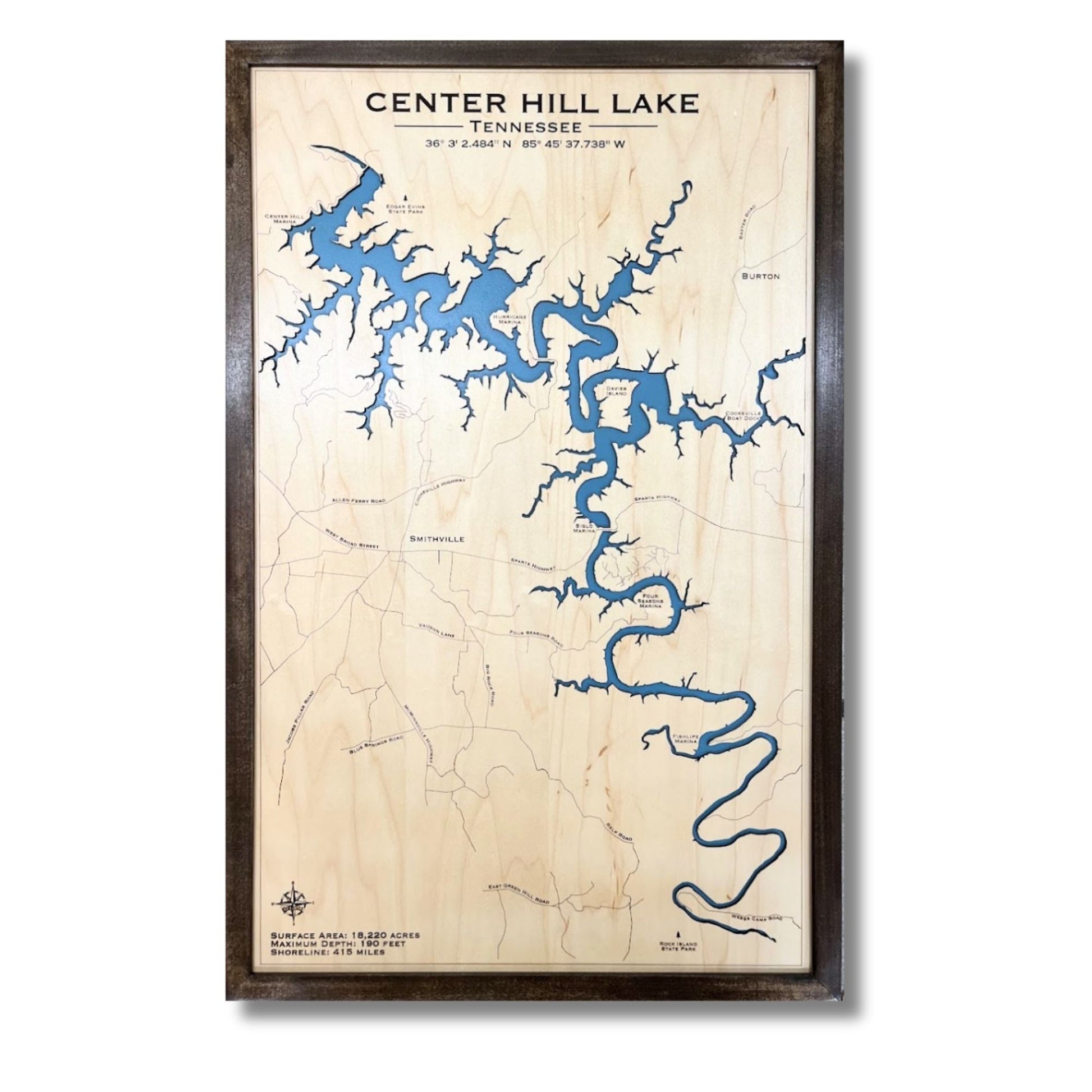 Center Hill Lake single water layer map on a white background. 