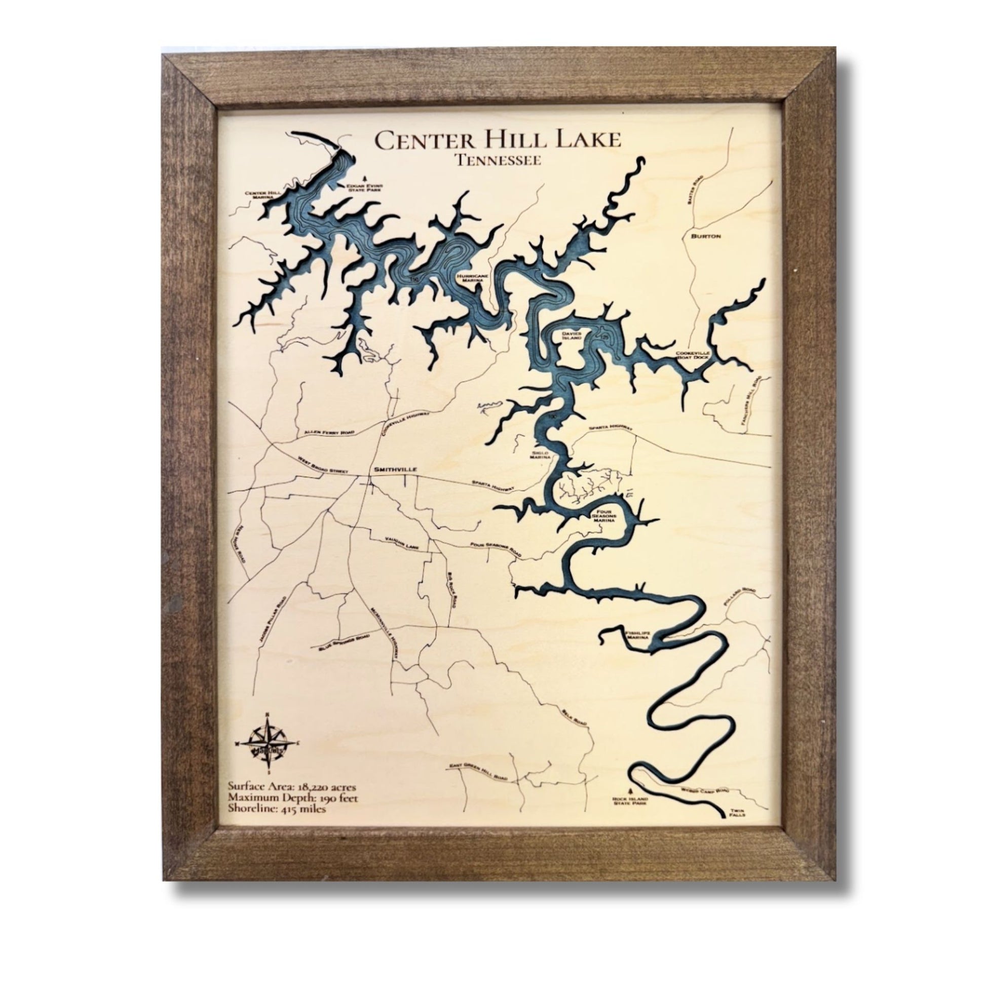 Engraved water layers on a Center Hill Lake map.