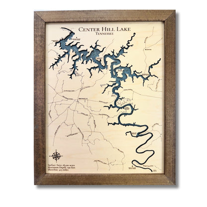 Engraved water layers on a Center Hill Lake map.