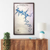 Center Hill Lake map hanging on a wall above a console. 