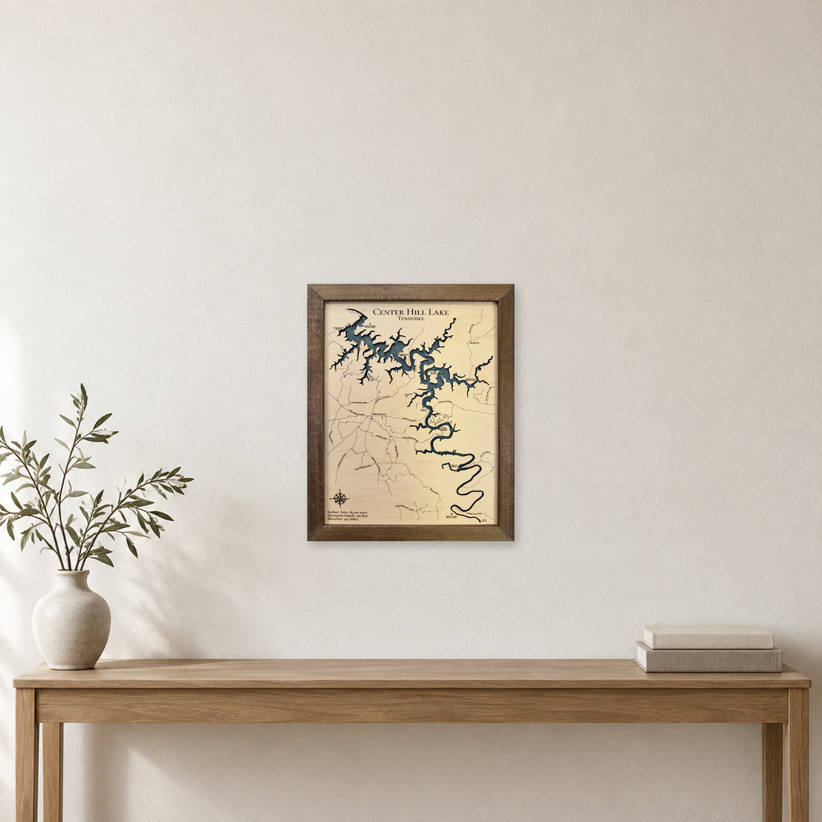Center Hill Lake wood map — single layer, staged room mockup