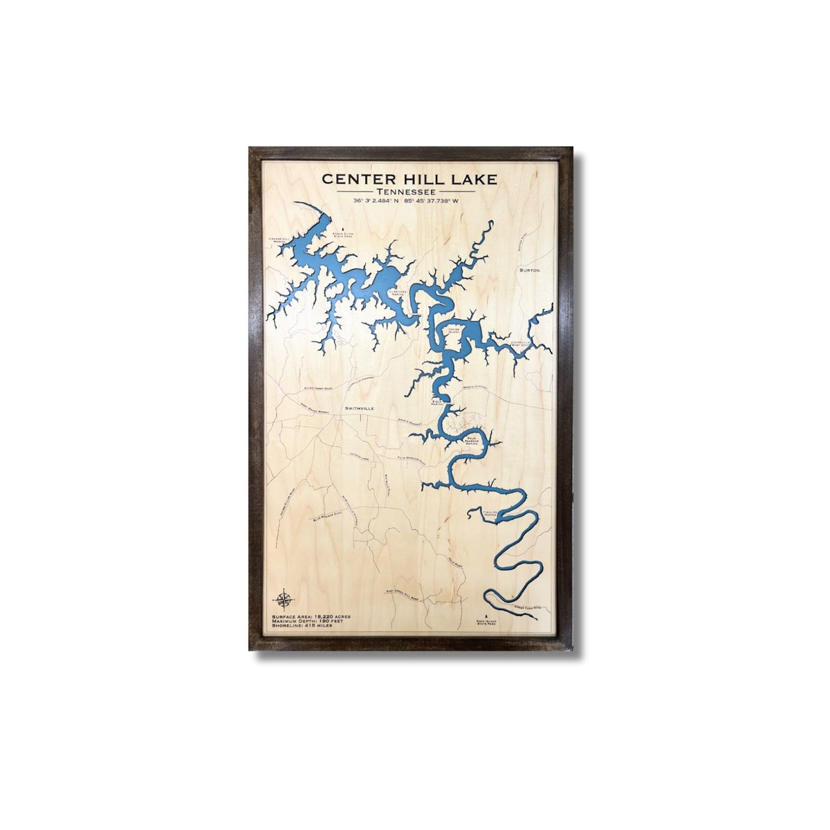 Center Hill Lake in Tennessee single layer water map with brown frame on a white background. 